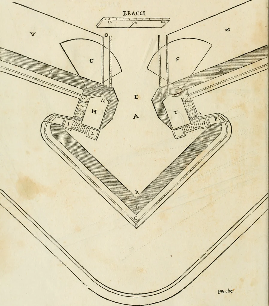 An illustration from Delle fortificationi di Bvonaivto Lorini, nobile fiorentino, libri cinque : ne' qvali si mostra con le piv facili regole la scienza con la pratica, di fortificare le citta & altri luoghi sopra diuersi siti, con tvtti gli avvertimenti, che per intelligenza di tal materia possono occorrere .., 1597, leaf 41