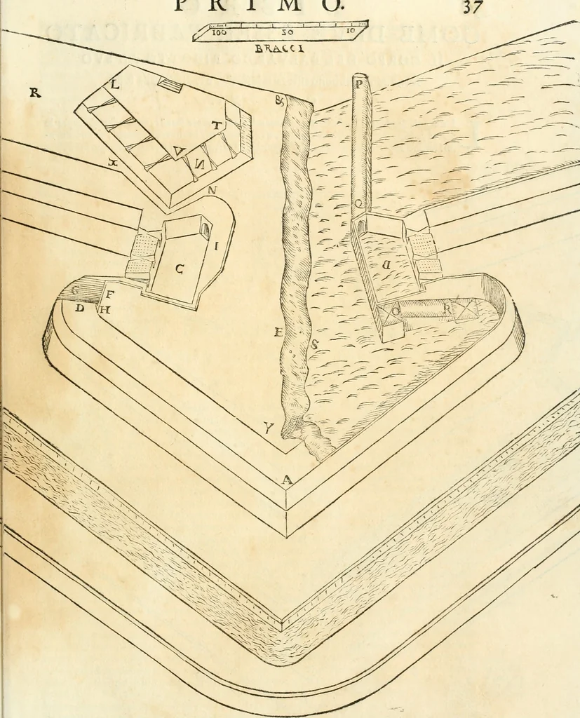 An illustration from Delle fortificationi di Bvonaivto Lorini, nobile fiorentino, libri cinque : ne' qvali si mostra con le piv facili regole la scienza con la pratica, di fortificare le citta & altri luoghi sopra diuersi siti, con tvtti gli avvertimenti, che per intelligenza di tal materia possono occorrere .., 1597, leaf 56
