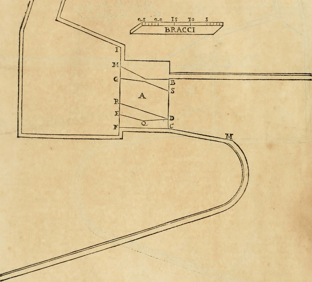 An illustration from Delle fortificationi di Bvonaivto Lorini, nobile fiorentino, libri cinque : ne' qvali si mostra con le piv facili regole la scienza con la pratica, di fortificare le citta & altri luoghi sopra diuersi siti, con tvtti gli avvertimenti, che per intelligenza di tal materia possono occorrere .., 1597, leaf 61