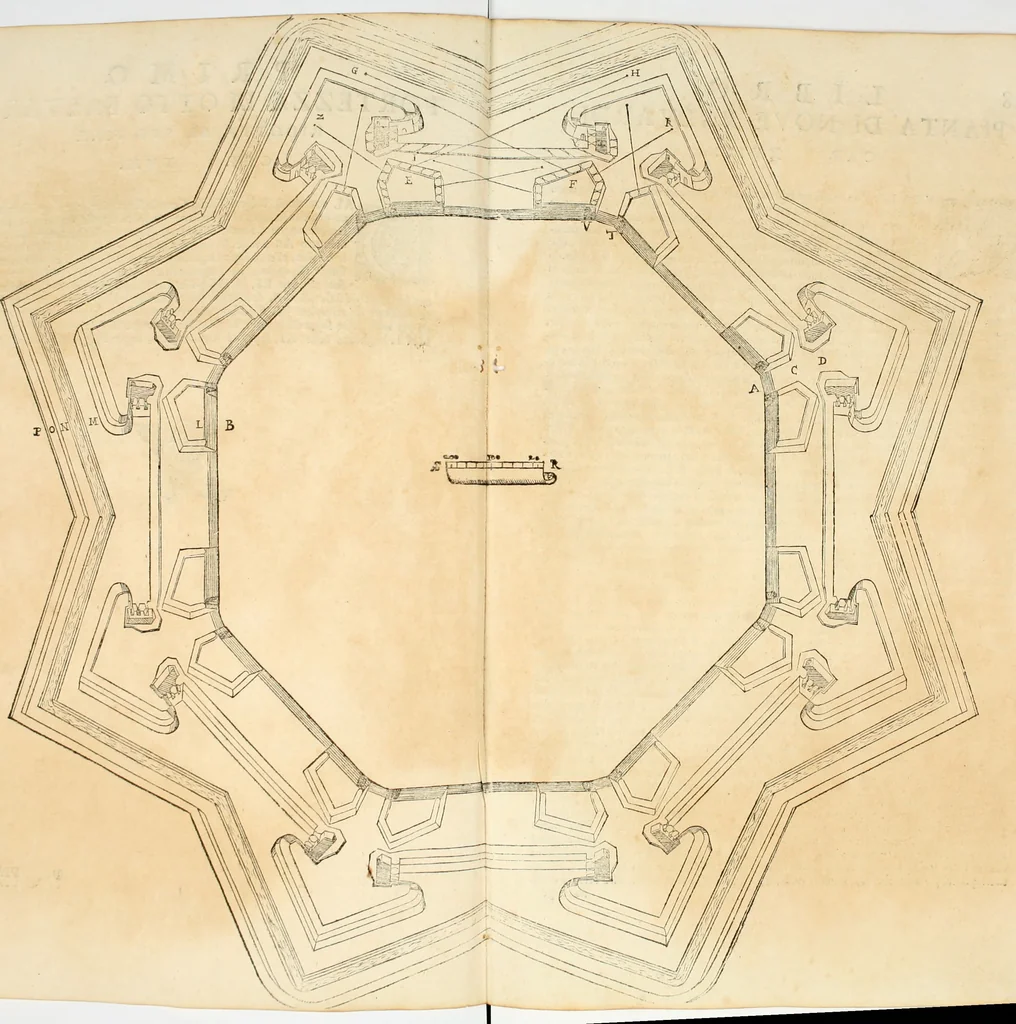 An illustration from Delle fortificationi di Bvonaivto Lorini, nobile fiorentino, libri cinque : ne' qvali si mostra con le piv facili regole la scienza con la pratica, di fortificare le citta & altri luoghi sopra diuersi siti, con tvtti gli avvertimenti, che per intelligenza di tal materia possono occorrere .., 1597, leaf 66