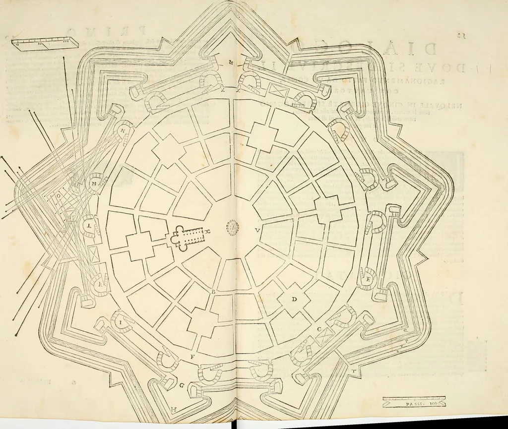 An illustration from Delle fortificationi di Bvonaivto Lorini, nobile fiorentino, libri cinque : ne' qvali si mostra con le piv facili regole la scienza con la pratica, di fortificare le citta & altri luoghi sopra diuersi siti, con tvtti gli avvertimenti, che per intelligenza di tal materia possono occorrere .., 1597, leaf 69