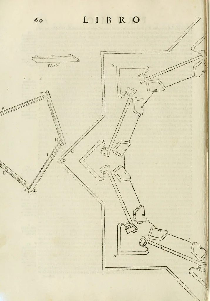 An illustration from Delle fortificationi di Bvonaivto Lorini, nobile fiorentino, libri cinque : ne' qvali si mostra con le piv facili regole la scienza con la pratica, di fortificare le citta & altri luoghi sopra diuersi siti, con tvtti gli avvertimenti, che per intelligenza di tal materia possono occorrere .., 1597, leaf 79