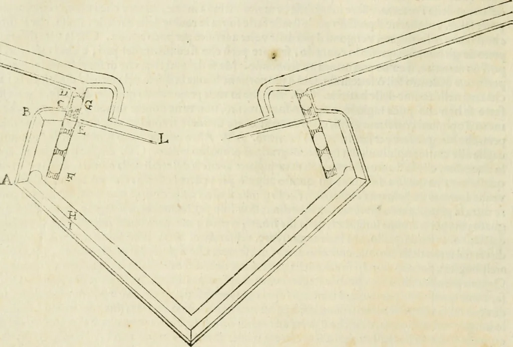 An illustration from Delle fortificationi di Bvonaivto Lorini, nobile fiorentino, libri cinque : ne' qvali si mostra con le piv facili regole la scienza con la pratica, di fortificare le citta & altri luoghi sopra diuersi siti, con tvtti gli avvertimenti, che per intelligenza di tal materia possono occorrere .., 1597, leaf 87