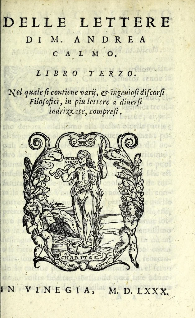 An illustration from Delle lettere di M. Andrea Calmo, libro primo[-quarto] : nel quale si contiene varij, & ingeniosi discorsi filosofici, in piu lettere a diuersi indrizzate, compresi, 1580, leaf 203