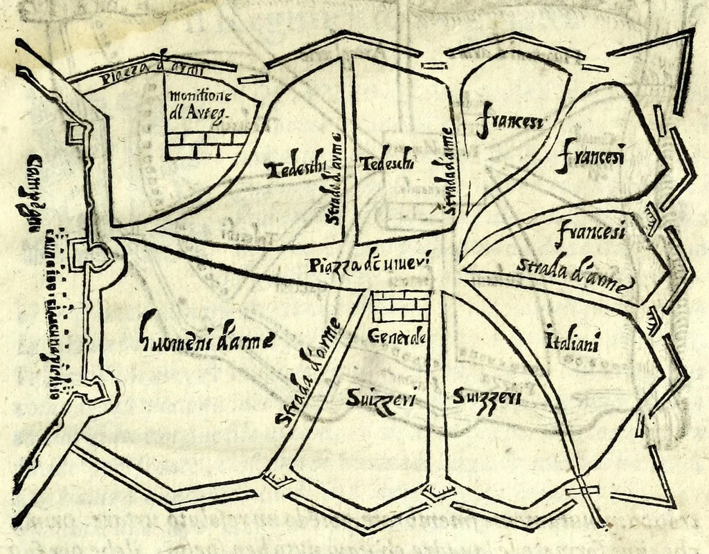 An illustration from Delle machine, ordinanze, et qvartieri antichi, et moderni : come quelli da questi possino essere imitati senza punto alterate la soldatesca dei nostri tempi : discorsi, 1601, leaf 177