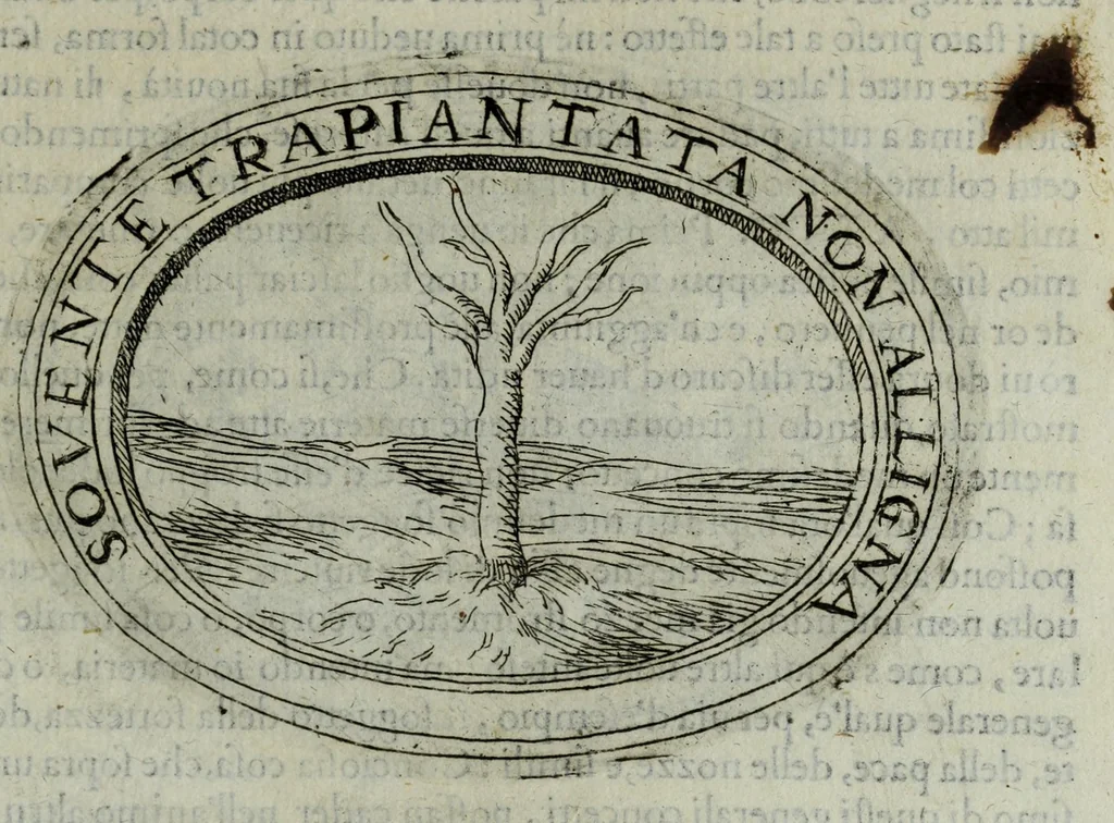 An illustration from Dell'imprese di Scipion Bargagli, gentil'hvomo sanese. Alla prima parte, la seconda e la terza nuovamente aggiunte, dove doppo tutte l'opere cosi scritte a penna, come stampate, ch'egli potuto ha leggendo vedere di coloro, che della materia dell'imprese hanno parlato; della vera natura di quelle si ragiona, 1594, leaf 223