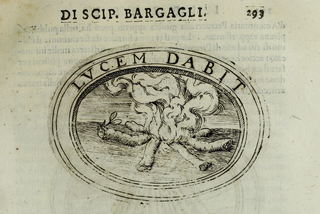 An illustration from Dell'imprese di Scipion Bargagli, gentil'hvomo sanese. Alla prima parte, la seconda e la terza nuovamente aggiunte, dove doppo tutte l'opere cosi scritte a penna, come stampate, ch'egli potuto ha leggendo vedere di coloro, che della materia dell'imprese hanno parlato; della vera natura di quelle si ragiona, 1594, leaf 337