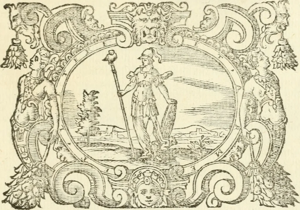An illustration from Dell'imprese scelte : doue trovansi tvtte qvelle, che da diverse avtore stampate, si rendon conformi alle regole & alle principali qualità, stimae da' buon giudizi, le migliori infin qvi d'intorno à questo nobilissimo soggestto, 1600, leaf 210