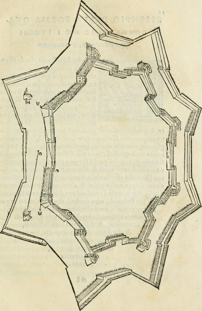 An illustration from Del modo di fortificar le città : trattato, 1554, leaf 36