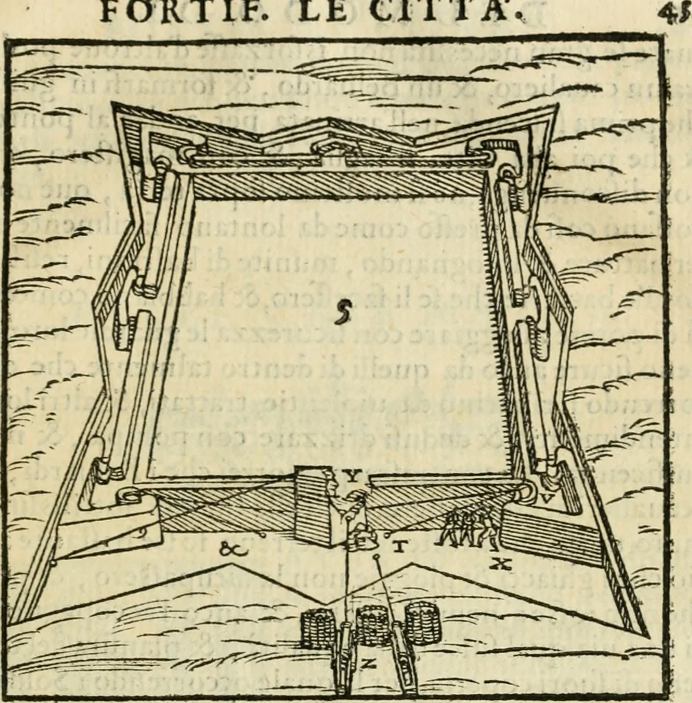 An illustration from Del modo di fortificar le città : trattato, 1554, leaf 48