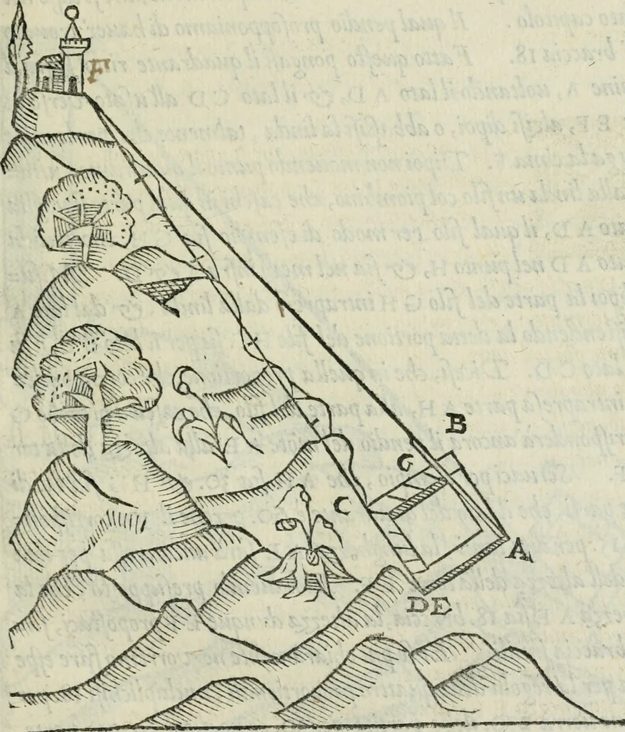 An illustration from Del modo di misvrare : le distantie, le superficie, i corpi, le piante, le prouincie, le prospettiue, & tutte le altre cose terrene, che possono occorrere a gli huomini, secondo le uere regole d'Euclide, & de gli altri piu lodati scrittori, 1564, leaf 86