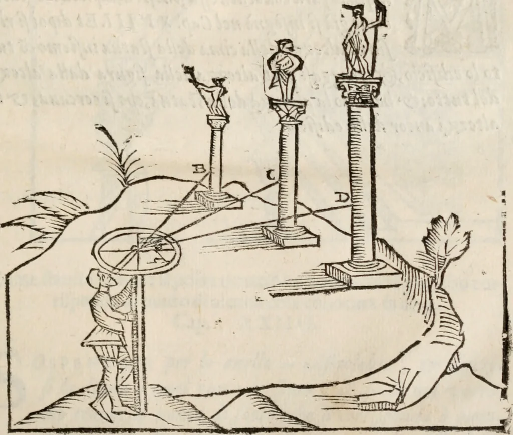 An illustration from Del modo di misvrare le distantie, le superficie, i corpi, le piante, le prouincie, le prospettiue, & tutte le altre cose terrene, che possono occorrere à gli huomini, secondo le vere regole d'Euclide, & de gli altri più lodati scrittori. Dedicata all'illvstrissimo, et eccellentissimo signore, il sig. Cosimo de Medici .., 1614, leaf 104