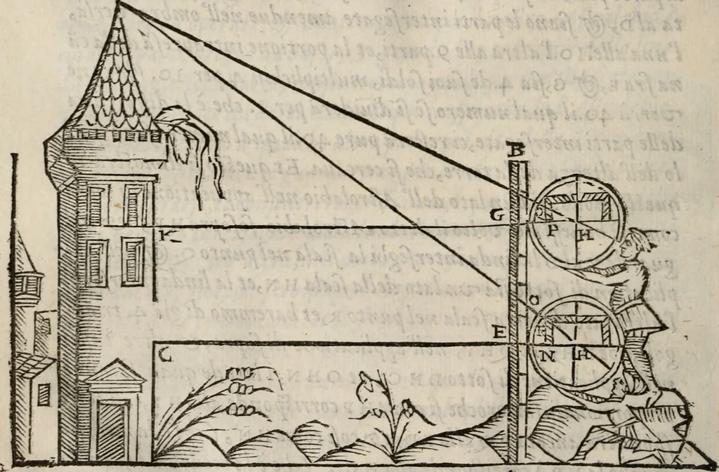 An illustration from Del modo di misvrare le distantie, le superficie, i corpi, le piante, le prouincie, le prospettiue, & tutte le altre cose terrene, che possono occorrere à gli huomini, secondo le vere regole d'Euclide, & de gli altri più lodati scrittori. Dedicata all'illvstrissimo, et eccellentissimo signore, il sig. Cosimo de Medici .., 1614, leaf 77
