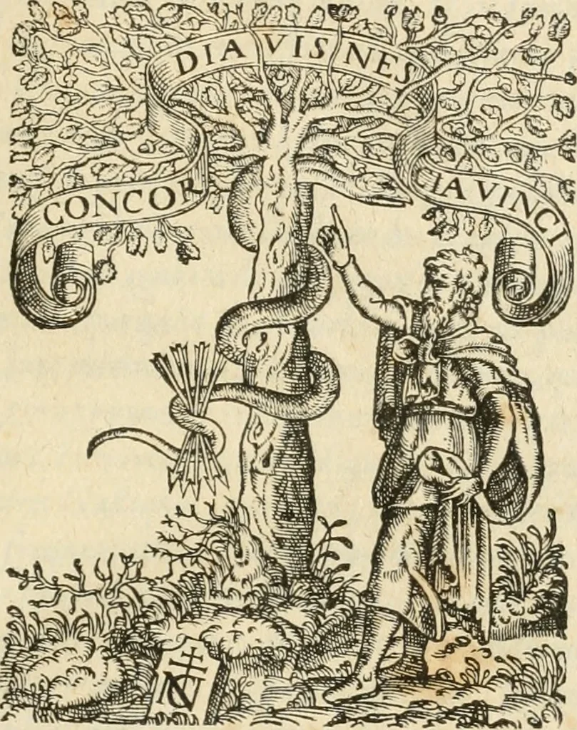 An illustration from De l'origine des bovrgongnons, et antiqvité des estats de Bovrgongne, devx livres : plus, des antiquitez d'Autun, liure 1 : de Chalon, 2 : de Mascon, 3 : de l'abbaye & ville de Tournus, 1, 1581, leaf 220