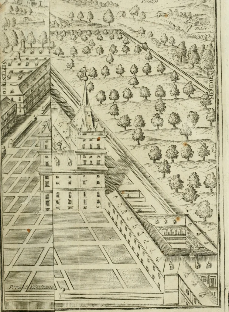 An illustration from Descripcion del Real Monasterio de San Lorenzo de el Escorial : vnica maravilla del mundo, fabrica de el prudentissimo rey Filipo Segundo, coronada por el catolico rey Filipo IV el Grande, con la magestuosa obra del Pantheon, y translacion de los cuerpos reales, reedificada por nuestro rey y señor Carlos II despues del incendio, y nuevamente exhornada con las excelentes pinturas de Lucas Jordan, 1698, leaf 18