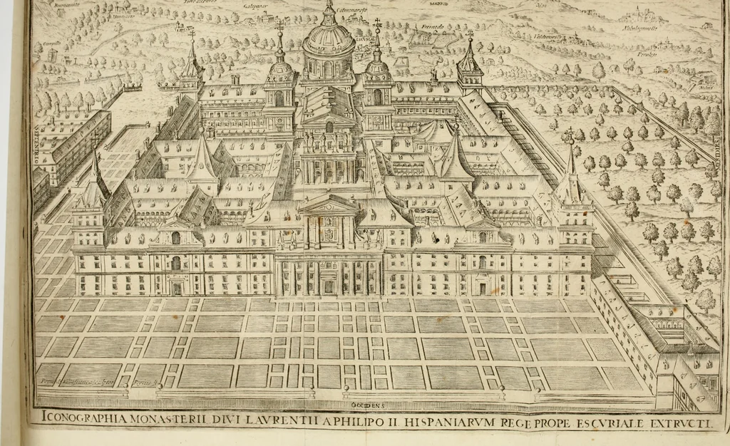 An illustration from Descripcion del Real Monasterio de San Lorenzo de el Escorial : vnica maravilla del mundo, fabrica de el prudentissimo rey Filipo Segundo, coronada por el catolico rey Filipo IV el Grande, con la magestuosa obra del Pantheon, y translacion de los cuerpos reales, reedificada por nuestro rey y señor Carlos II despues del incendio, y nuevamente exhornada con las excelentes pinturas de Lucas Jordan, 1698, leaf 19