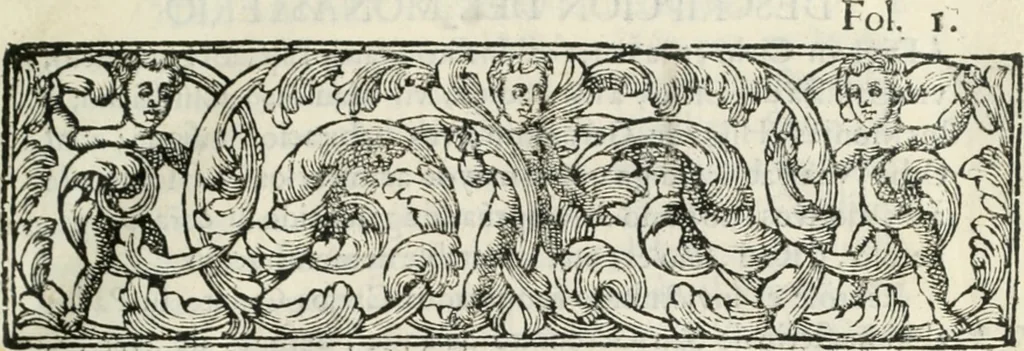 An illustration from Descripcion del Real Monasterio de San Lorenzo de el Escorial : vnica maravilla del mundo, fabrica de el prudentissimo rey Filipo Segundo, coronada por el catolico rey Filipo IV el Grande, con la magestuosa obra del Pantheon, y translacion de los cuerpos reales, reedificada por nuestro rey y señor Carlos II despues del incendio, y nuevamente exhornada con las excelentes pinturas de Lucas Jordan, 1698, leaf 20