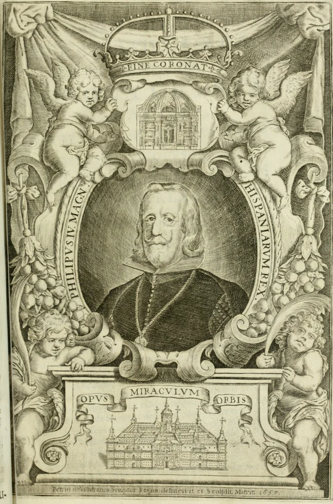 An illustration from Descripcion del Real Monasterio de San Lorenzo de el Escorial : vnica maravilla del mundo, fabrica de el prudentissimo rey Filipo Segundo, coronada por el catolico rey Filipo IV el Grande, con la magestuosa obra del Pantheon, y translacion de los cuerpos reales, reedificada por nuestro rey y señor Carlos II despues del incendio, y nuevamente exhornada con las excelentes pinturas de Lucas Jordan, 1698, leaf 264