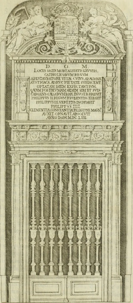 An illustration from Descripcion del Real Monasterio de San Lorenzo de el Escorial : vnica maravilla del mundo, fabrica de el prudentissimo rey Filipo Segundo, coronada por el catolico rey Filipo IV el Grande, con la magestuosa obra del Pantheon, y translacion de los cuerpos reales, reedificada por nuestro rey y señor Carlos II despues del incendio, y nuevamente exhornada con las excelentes pinturas de Lucas Jordan, 1698, leaf 284