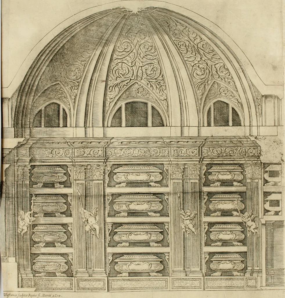 An illustration from Descripcion del Real Monasterio de San Lorenzo de el Escorial : vnica maravilla del mundo, fabrica de el prudentissimo rey Filipo Segundo, coronada por el catolico rey Filipo IV el Grande, con la magestuosa obra del Pantheon, y translacion de los cuerpos reales, reedificada por nuestro rey y señor Carlos II despues del incendio, y nuevamente exhornada con las excelentes pinturas de Lucas Jordan, 1698, leaf 303