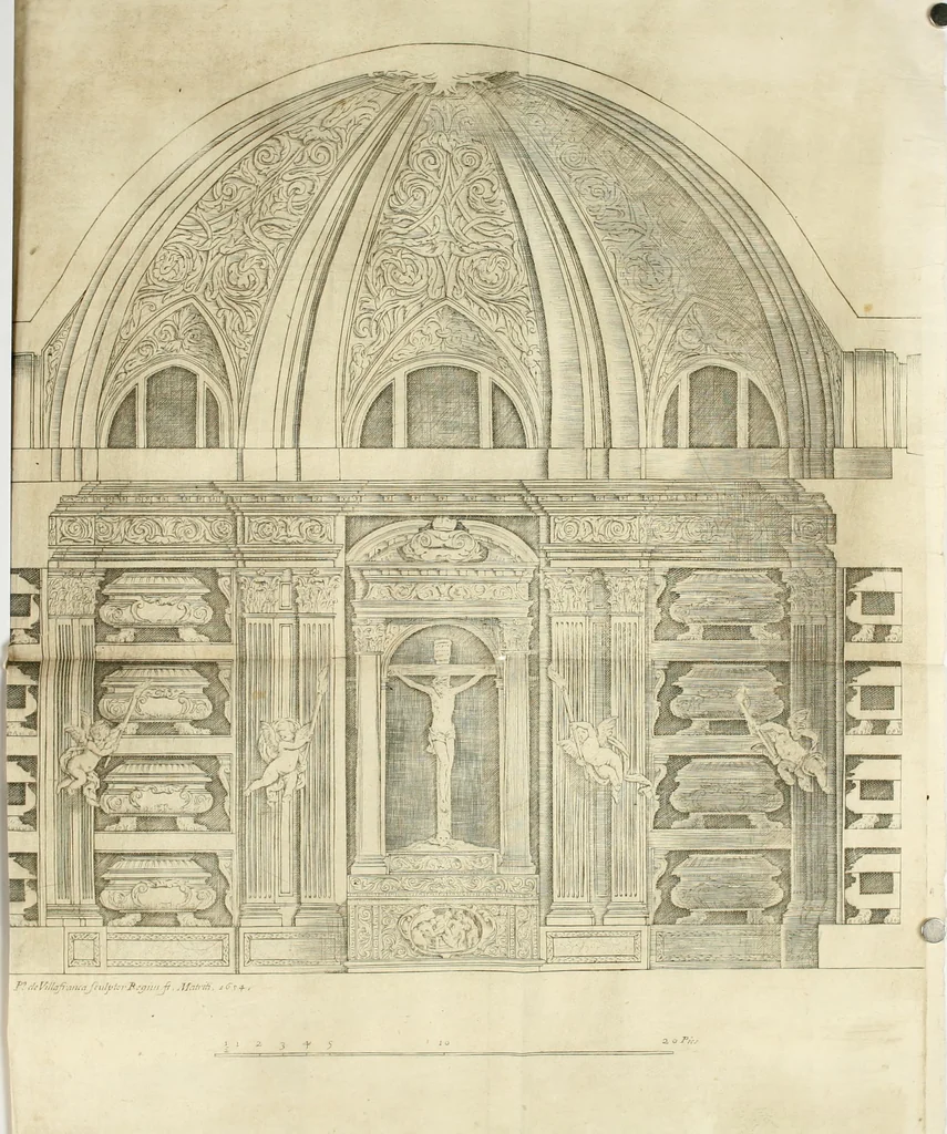 An illustration from Descripcion del Real Monasterio de San Lorenzo de el Escorial : vnica maravilla del mundo, fabrica de el prudentissimo rey Filipo Segundo, coronada por el catolico rey Filipo IV el Grande, con la magestuosa obra del Pantheon, y translacion de los cuerpos reales, reedificada por nuestro rey y señor Carlos II despues del incendio, y nuevamente exhornada con las excelentes pinturas de Lucas Jordan, 1698, leaf 309