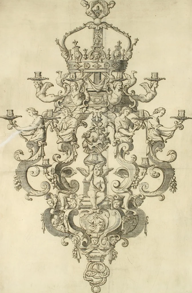 An illustration from Descripcion del Real Monasterio de San Lorenzo de el Escorial : vnica maravilla del mundo, fabrica de el prudentissimo rey Filipo Segundo, coronada por el catolico rey Filipo IV el Grande, con la magestuosa obra del Pantheon, y translacion de los cuerpos reales, reedificada por nuestro rey y señor Carlos II despues del incendio, y nuevamente exhornada con las excelentes pinturas de Lucas Jordan, 1698, leaf 313