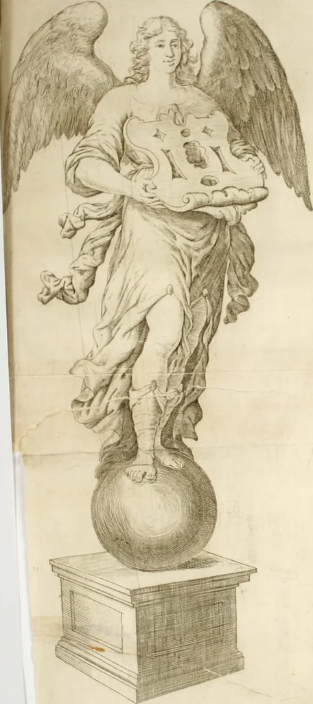 An illustration from Descripcion del Real Monasterio de San Lorenzo de el Escorial : vnica maravilla del mundo, fabrica de el prudentissimo rey Filipo Segundo, coronada por el catolico rey Filipo IV el Grande, con la magestuosa obra del Pantheon, y translacion de los cuerpos reales, reedificada por nuestro rey y señor Carlos II despues del incendio, y nuevamente exhornada con las excelentes pinturas de Lucas Jordan, 1698, leaf 349