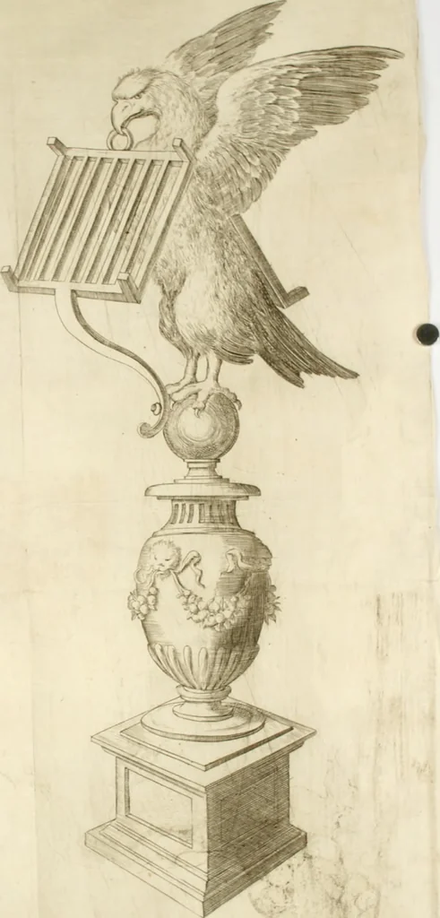 An illustration from Descripcion del Real Monasterio de San Lorenzo de el Escorial : vnica maravilla del mundo, fabrica de el prudentissimo rey Filipo Segundo, coronada por el catolico rey Filipo IV el Grande, con la magestuosa obra del Pantheon, y translacion de los cuerpos reales, reedificada por nuestro rey y señor Carlos II despues del incendio, y nuevamente exhornada con las excelentes pinturas de Lucas Jordan, 1698, leaf 349