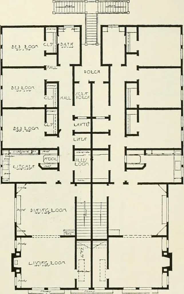 An illustration from De luxe flats : a book on flats and duplex homes ; showing the latest advance designs of this particular type of architecture, published to meet the requirements of all those who desire to study the flat or duplex home in its latest development., 1920, leaf 10