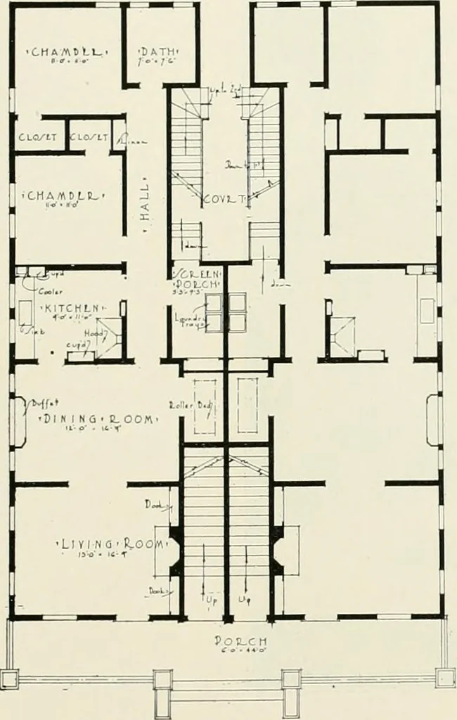 An illustration from De luxe flats : a book on flats and duplex homes ; showing the latest advance designs of this particular type of architecture, published to meet the requirements of all those who desire to study the flat or duplex home in its latest development., 1920, leaf 12
