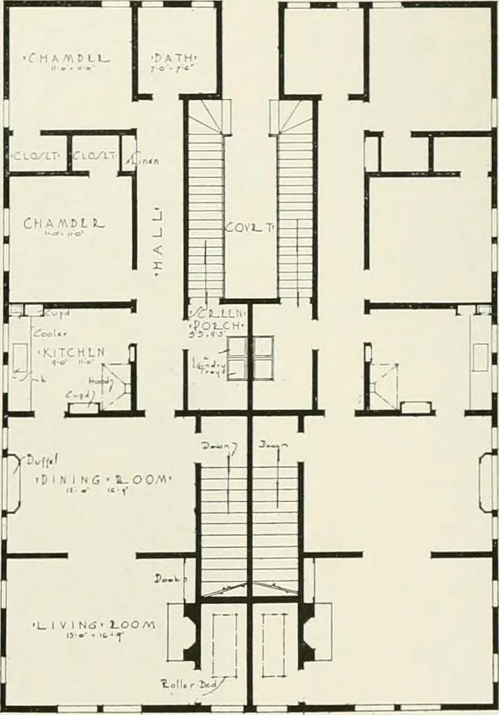 An illustration from De luxe flats : a book on flats and duplex homes ; showing the latest advance designs of this particular type of architecture, published to meet the requirements of all those who desire to study the flat or duplex home in its latest development., 1920, leaf 12
