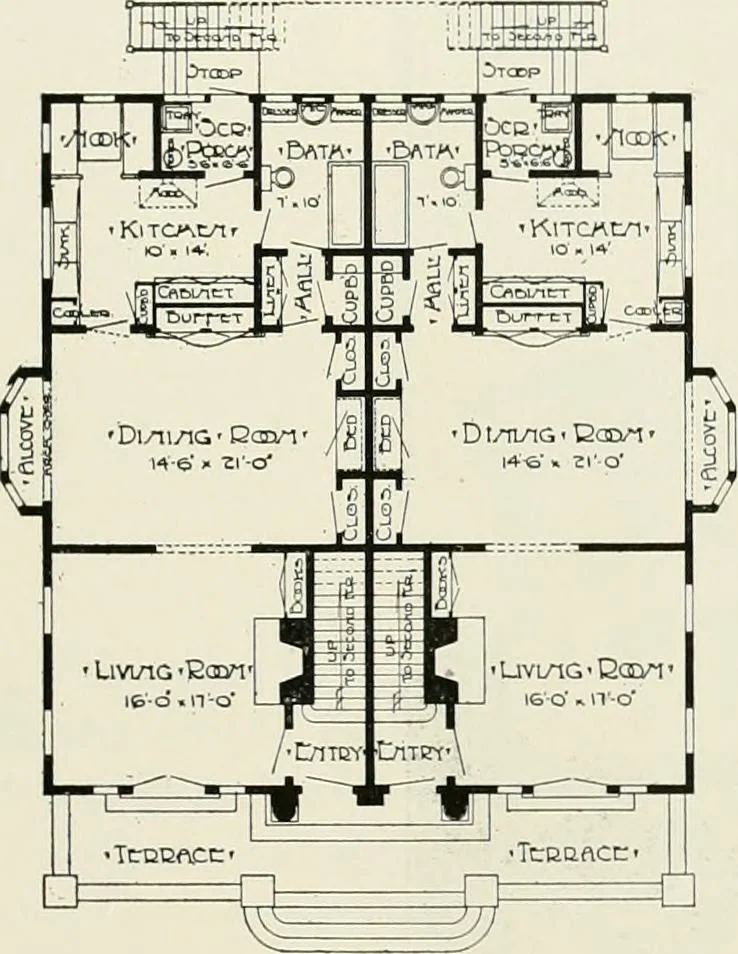 An illustration from De luxe flats : a book on flats and duplex homes ; showing the latest advance designs of this particular type of architecture, published to meet the requirements of all those who desire to study the flat or duplex home in its latest development., 1920, leaf 18