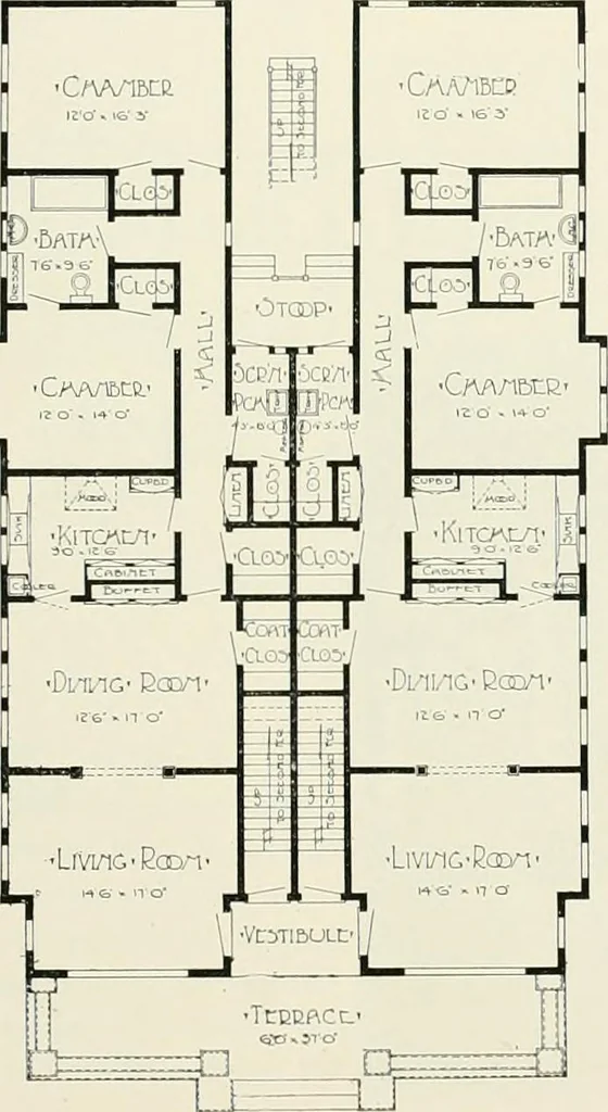 An illustration from De luxe flats : a book on flats and duplex homes ; showing the latest advance designs of this particular type of architecture, published to meet the requirements of all those who desire to study the flat or duplex home in its latest development., 1920, leaf 26