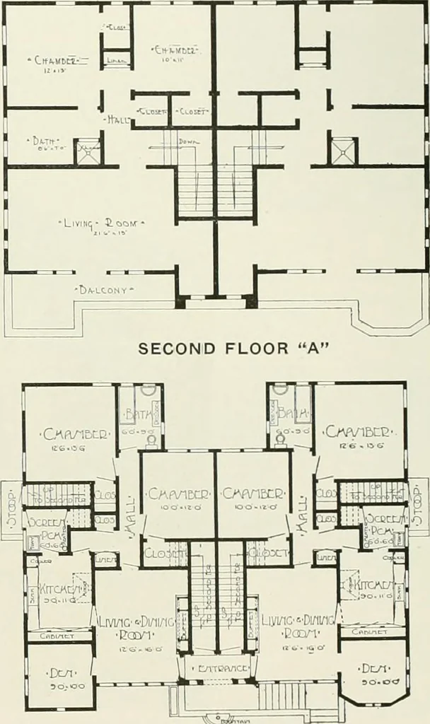 An illustration from De luxe flats : a book on flats and duplex homes ; showing the latest advance designs of this particular type of architecture, published to meet the requirements of all those who desire to study the flat or duplex home in its latest development., 1920, leaf 28