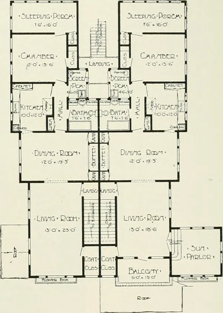 An illustration from De luxe flats : a book on flats and duplex homes ; showing the latest advance designs of this particular type of architecture, published to meet the requirements of all those who desire to study the flat or duplex home in its latest development., 1920, leaf 46