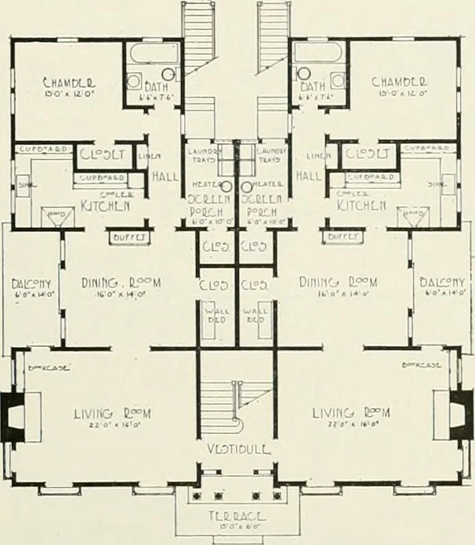An illustration from De luxe flats : a book on flats and duplex homes ; showing the latest advance designs of this particular type of architecture, published to meet the requirements of all those who desire to study the flat or duplex home in its latest development., 1920, leaf 56