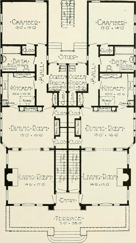 An illustration from De luxe flats : a book on flats and duplex homes ; showing the latest advance designs of this particular type of architecture, published to meet the requirements of all those who desire to study the flat or duplex home in its latest development., 1920, leaf 58