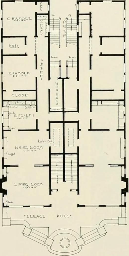 An illustration from De luxe flats : a book on flats and duplex homes ; showing the latest advance designs of this particular type of architecture, published to meet the requirements of all those who desire to study the flat or duplex home in its latest development., 1920, leaf 8
