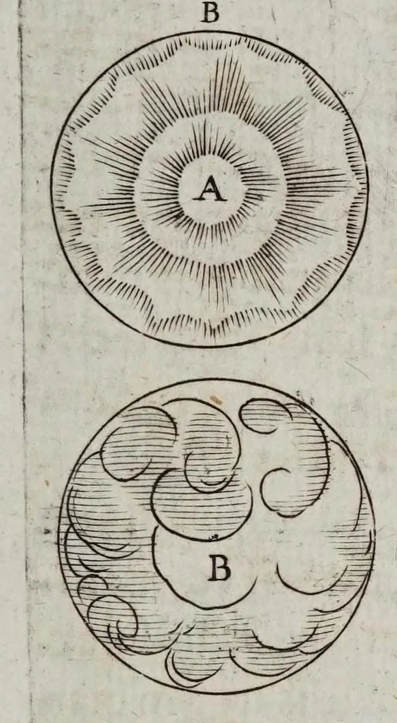 An illustration from De maculis solarib. et stellis circa Iouem errantibus : accuratior disquisitio, ad Marcum Velserum ... perscripta. Interiectis obseruationum delineationibus, 1612, leaf 43