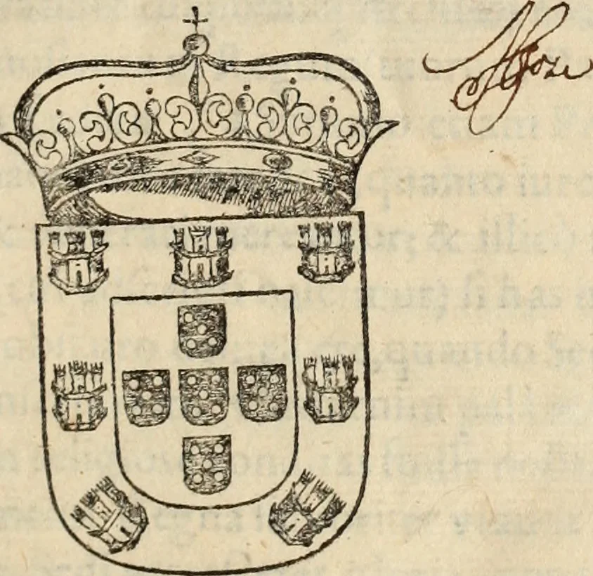 An illustration from De manu regia tractatus : prima[-secunda] pars : inquo, omnium legum regiarum (quibus regi Portugalliae inuictissimo, in causis ecclesiasticis cognitio permissa est) ex iure, priuilegio, consuetudine, seu concordia, sensus, & vera decidendi ratio aperitur, 1622, leaf 4
