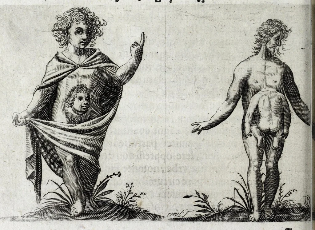 An illustration from De monstrorum caussis, natura, et differentiis libri duo : in quibus ex rei natura monstrorum historiae, caussae, generationes, & differentiae plurimae a sapientibus intactae : cum generatim & in plantarum, & belluarum genere, tum seorsum in humana specie tractantur : multis illustrium autorum locis difficillimis explanatis de masculo parturiente, de feminis in viros mutatis, de hermaphroditorum natura, de dissimilium specierum : venere prolifica, de castratorum fecunditate, depuero lapidescente, de anomantis aurea parte, alijsque admirabilibus, 1634, leaf 114
