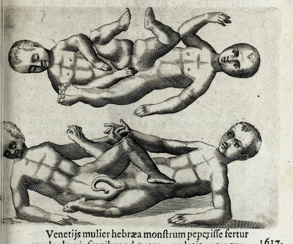 An illustration from De monstrorum caussis, natura, et differentiis libri duo : in quibus ex rei natura monstrorum historiae, caussae, generationes, & differentiae plurimae a sapientibus intactae : cum generatim & in plantarum, & belluarum genere, tum seorsum in humana specie tractantur : multis illustrium autorum locis difficillimis explanatis de masculo parturiente, de feminis in viros mutatis, de hermaphroditorum natura, de dissimilium specierum : venere prolifica, de castratorum fecunditate, depuero lapidescente, de anomantis aurea parte, alijsque admirabilibus, 1634, leaf 147
