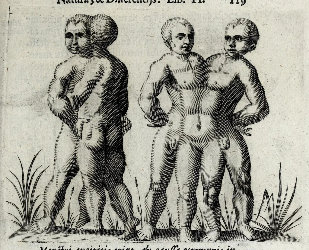 An illustration from De monstrorum caussis, natura, et differentiis libri duo : in quibus ex rei natura monstrorum historiae, caussae, generationes, & differentiae plurimae a sapientibus intactae : cum generatim & in plantarum, & belluarum genere, tum seorsum in humana specie tractantur : multis illustrium autorum locis difficillimis explanatis de masculo parturiente, de feminis in viros mutatis, de hermaphroditorum natura, de dissimilium specierum : venere prolifica, de castratorum fecunditate, depuero lapidescente, de anomantis aurea parte, alijsque admirabilibus, 1634, leaf 153