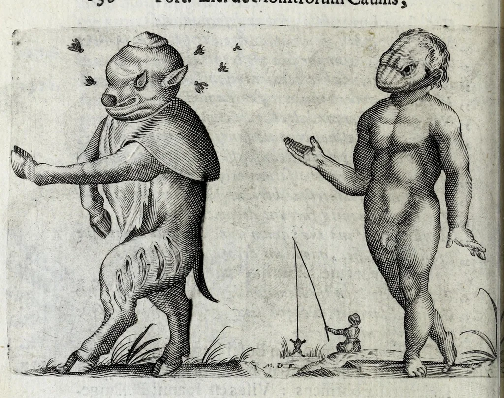 An illustration from De monstrorum caussis, natura, et differentiis libri duo : in quibus ex rei natura monstrorum historiae, caussae, generationes, & differentiae plurimae a sapientibus intactae : cum generatim & in plantarum, & belluarum genere, tum seorsum in humana specie tractantur : multis illustrium autorum locis difficillimis explanatis de masculo parturiente, de feminis in viros mutatis, de hermaphroditorum natura, de dissimilium specierum : venere prolifica, de castratorum fecunditate, depuero lapidescente, de anomantis aurea parte, alijsque admirabilibus, 1634, leaf 278