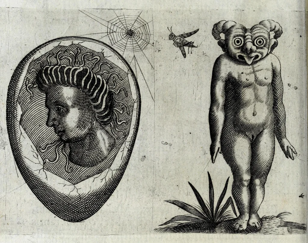 An illustration from De monstrorum caussis, natura, et differentiis libri duo : in quibus ex rei natura monstrorum historiae, caussae, generationes, & differentiae plurimae a sapientibus intactae : cum generatim & in plantarum, & belluarum genere, tum seorsum in humana specie tractantur : multis illustrium autorum locis difficillimis explanatis de masculo parturiente, de feminis in viros mutatis, de hermaphroditorum natura, de dissimilium specierum : venere prolifica, de castratorum fecunditate, depuero lapidescente, de anomantis aurea parte, alijsque admirabilibus, 1634, leaf 280