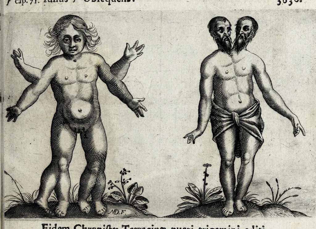 An illustration from De monstrorum caussis, natura, et differentiis libri duo : in quibus ex rei natura monstrorum historiae, caussae, generationes, & differentiae plurimae a sapientibus intactae : cum generatim & in plantarum, & belluarum genere, tum seorsum in humana specie tractantur : multis illustrium autorum locis difficillimis explanatis de masculo parturiente, de feminis in viros mutatis, de hermaphroditorum natura, de dissimilium specierum : venere prolifica, de castratorum fecunditate, depuero lapidescente, de anomantis aurea parte, alijsque admirabilibus, 1634, leaf 37