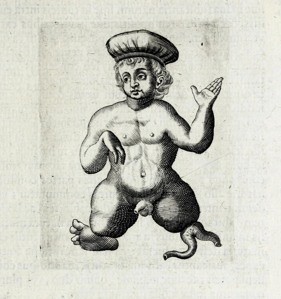 An illustration from De monstrorum caussis, natura, et differentiis libri duo : in quibus ex rei natura monstrorum historiae, caussae, generationes, & differentiae plurimae a sapientibus intactae : cum generatim & in plantarum, & belluarum genere, tum seorsum in humana specie tractantur : multis illustrium autorum locis difficillimis explanatis de masculo parturiente, de feminis in viros mutatis, de hermaphroditorum natura, de dissimilium specierum : venere prolifica, de castratorum fecunditate, depuero lapidescente, de anomantis aurea parte, alijsque admirabilibus, 1634, leaf 97
