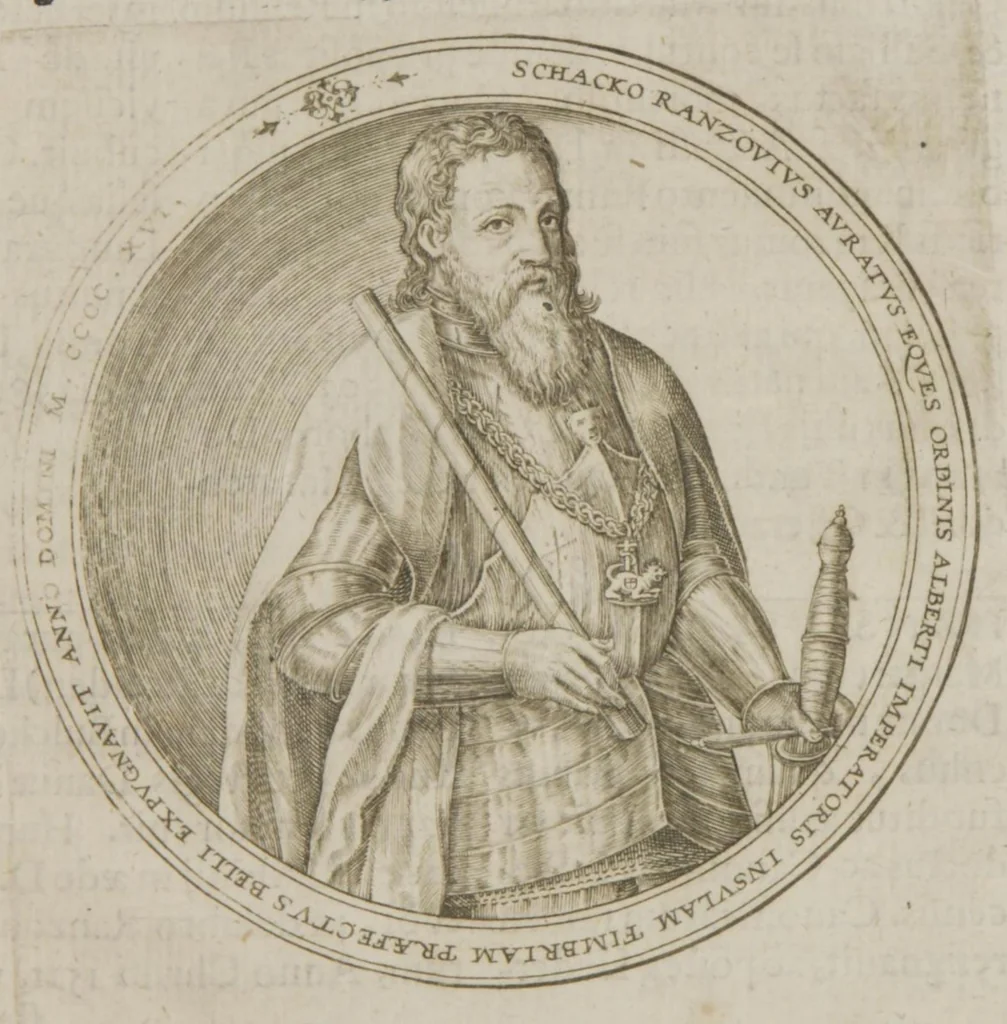 An illustration from Genealogia Ranzoviana Aedita Ao. 1587 : Cui nunc denuo additæ sunt aliquot Ranzoviorum effigies ac imagines nonnullæ, partim a Goltzio & Hogenbergio cupro expressæ, [Henr. Rantzau] ; [Med 2 kobberst. Vaaben, 9 Portr. og 1 Afbildning, samt Digte af Sal. Frenzel, Paul. Melissus Myrtilleti, Henn. Conradinus, Cph. Sylvius, Reusner, Heinr. Meibom, M. Rodomannus og Matth. Dress], 1587, leaf 17