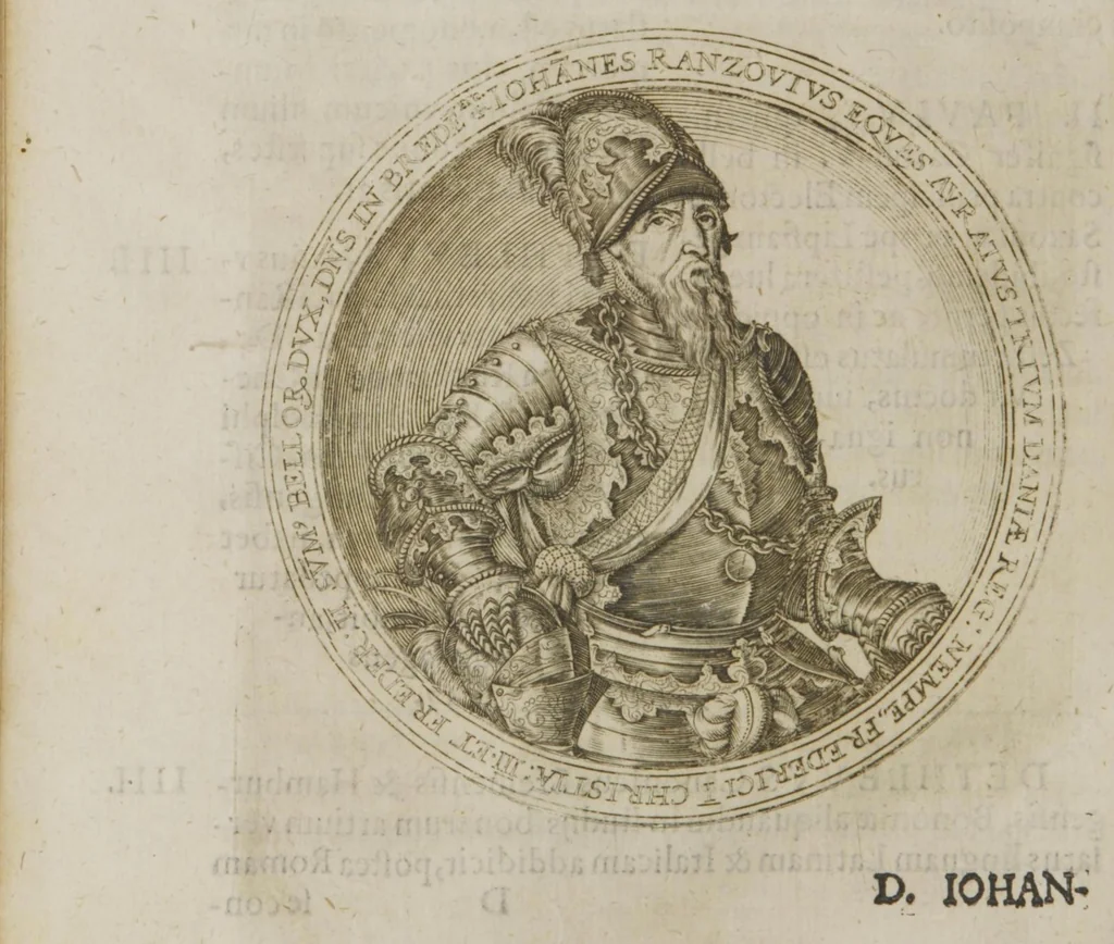 An illustration from Genealogia Ranzoviana Aedita Ao. 1587 : Cui nunc denuo additæ sunt aliquot Ranzoviorum effigies ac imagines nonnullæ, partim a Goltzio & Hogenbergio cupro expressæ, [Henr. Rantzau] ; [Med 2 kobberst. Vaaben, 9 Portr. og 1 Afbildning, samt Digte af Sal. Frenzel, Paul. Melissus Myrtilleti, Henn. Conradinus, Cph. Sylvius, Reusner, Heinr. Meibom, M. Rodomannus og Matth. Dress], 1587, leaf 32