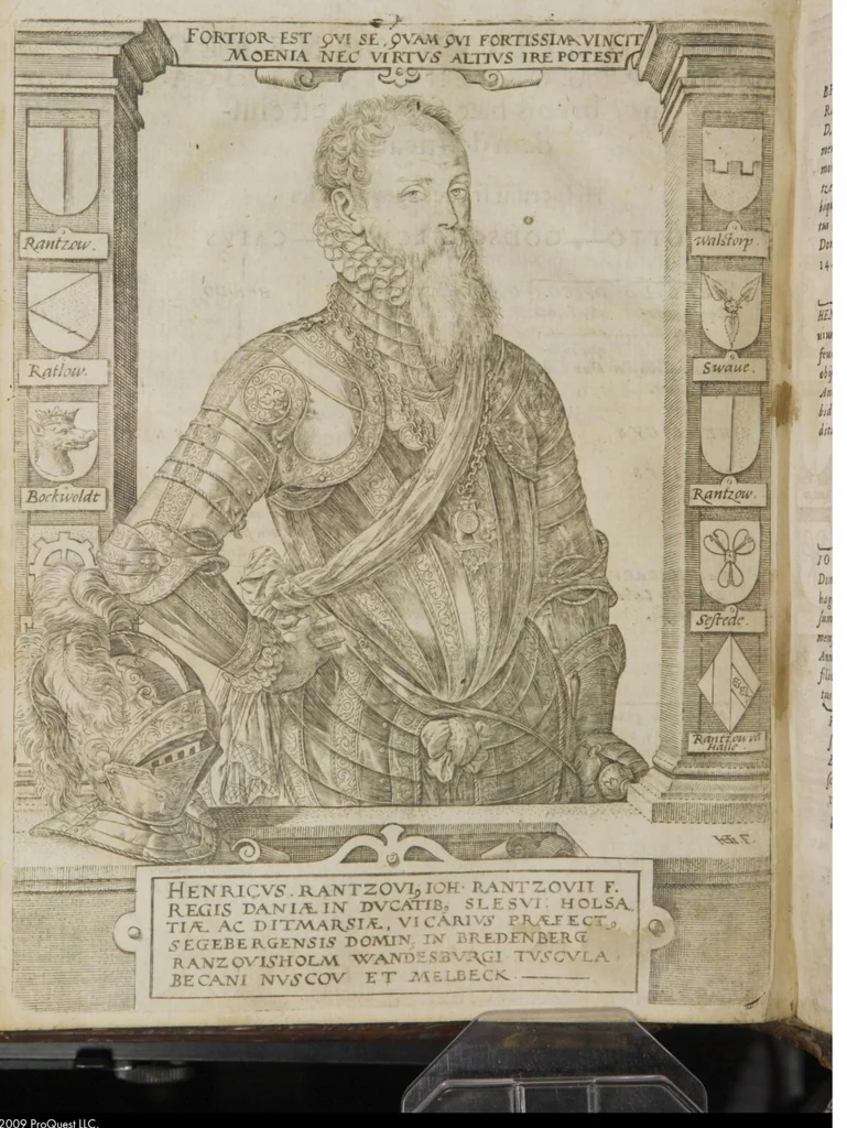 An illustration from Genealogia Ranzoviana Aedita Ao. 1587 : Cui nunc denuo additæ sunt aliquot Ranzoviorum effigies ac imagines nonnullæ, partim a Goltzio & Hogenbergio cupro expressæ, [Henr. Rantzau] ; [Med 2 kobberst. Vaaben, 9 Portr. og 1 Afbildning, samt Digte af Sal. Frenzel, Paul. Melissus Myrtilleti, Henn. Conradinus, Cph. Sylvius, Reusner, Heinr. Meibom, M. Rodomannus og Matth. Dress], 1587, leaf 44